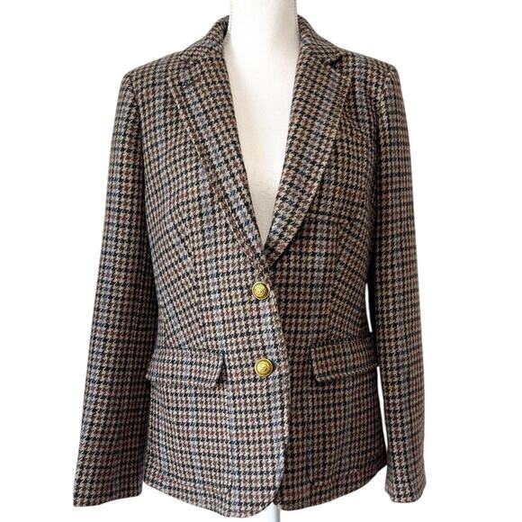 J.Crew Rhodes Blazer Jacket Wool Tweed Houndstooth Elbow Patches Brown Size 12 - Picture 3 of 10